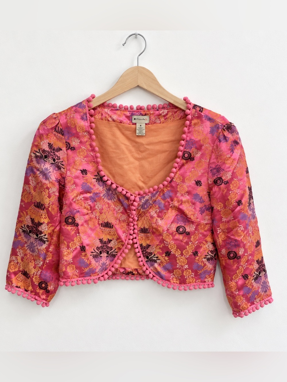 Vintage Anthropology Elevenses Sequin Silk jacquard’s Pom Pom cropped jacket